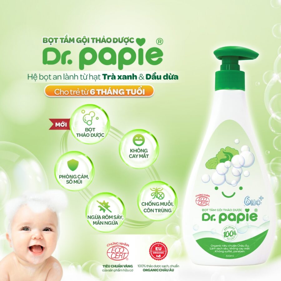 Bọt tắm gội thảo dược Dr.Papie - Sữa tắm thảo mộc cho bé từ 6 tháng - 300ML - Làm dịu da, khô thoáng da bé 3 Bot tam goi thao duoc Dr.Papie Sua tam thao moc cho be tu 6 thang 300ML giam man ngua rom say 7